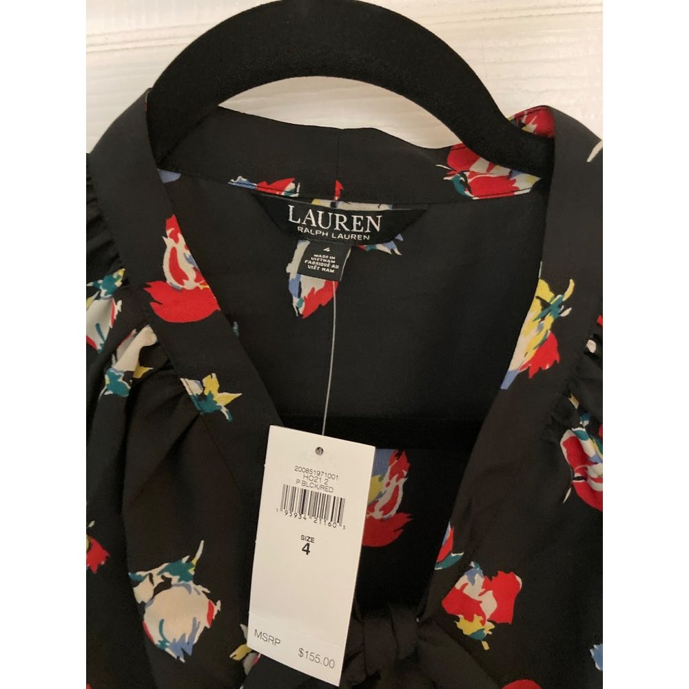 NWT LAUREN RALPH LAUREN FLORAL CREPE TIE-NECK DRESS POLO BLACK /RED Varies - Picture 6 of 9